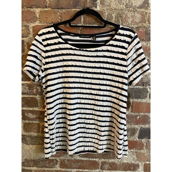 Notations Black & White Ruffle Striped Cap Sleeve T-shirt Blouse women’s Size S - Picture 1 of 9